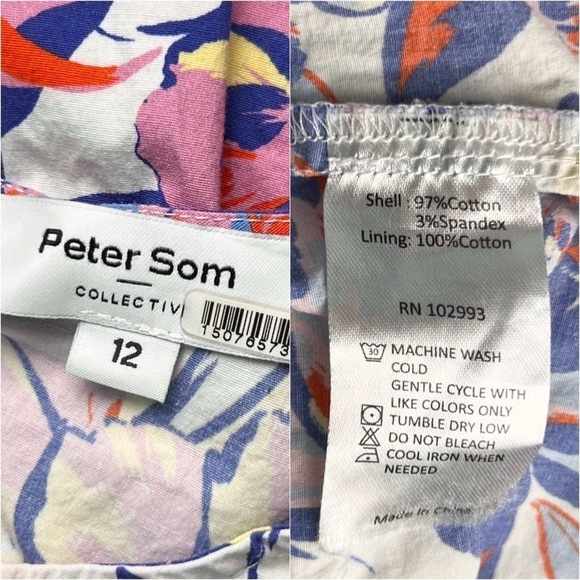 PETER SOM Floral Print Cotton Puff Short Sleeve Crew Neck Babydoll Mini Dress 12 - Picture 7 of 9